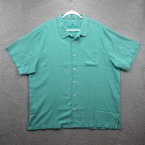 Tommy Bahama Tropic Isles Silk Hawaiian Shirt Mens 2XLT Tropical Teal Green Camp